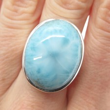 925 Sterling Silver Vintage Real Cabochon Larimar Modernist Ring Size 8