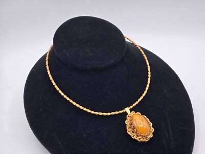 Miriam Haskell Necklace Tiger Eye Cabochon Pendant On Gold Tone Torque