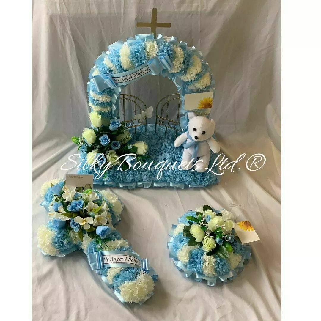 Baby Funeral Flower Tribute Package Artificial Silk Wreath Gates of Heaven  Blue