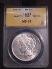 1922 PEACE DOLLAR VAM-7.1 (7A) ANACS MS 62 DDR BETTER TOP 50 VARIETY SHIPS FREE