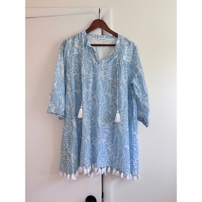 Roller Rabbit Laure Serafina Blue Tunic swim Cover up with tassels 100% cotton