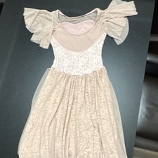 Women s Beige Lace Mesh Leotard with Attached Skirt, Flutter Sleeves C456