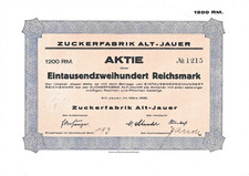 Cukrownia Alt-Jauer, Alt-Jauer PL: Akcje Jawor 1200 RM 1928 n. zdewaluowane