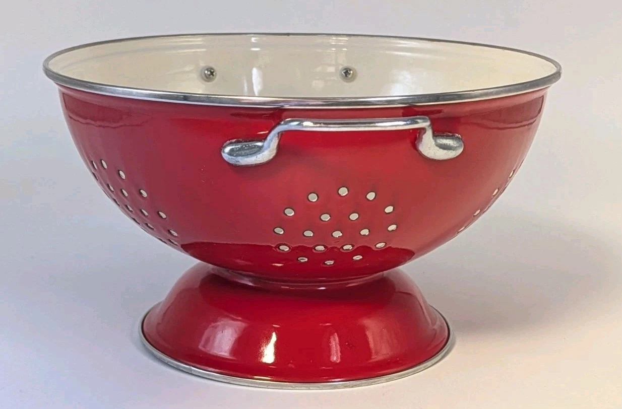 Gorgeous Red Enameled Colander with White Interior and Metal Handles 10.25'