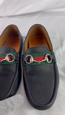 GUCCI 322741 Black Leather Driver Horsebit Web Men's Loafers 5UK