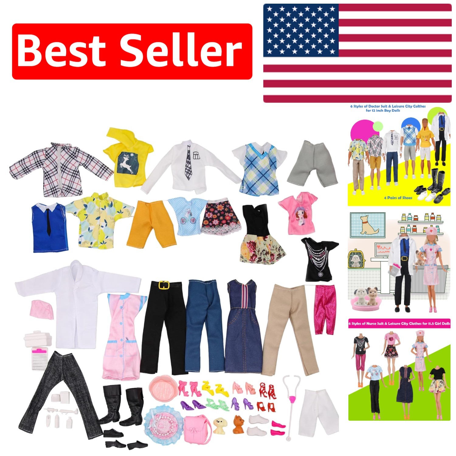 Imaginative Play: 71-Piece Doll Clothes & Pet Care Set for 1