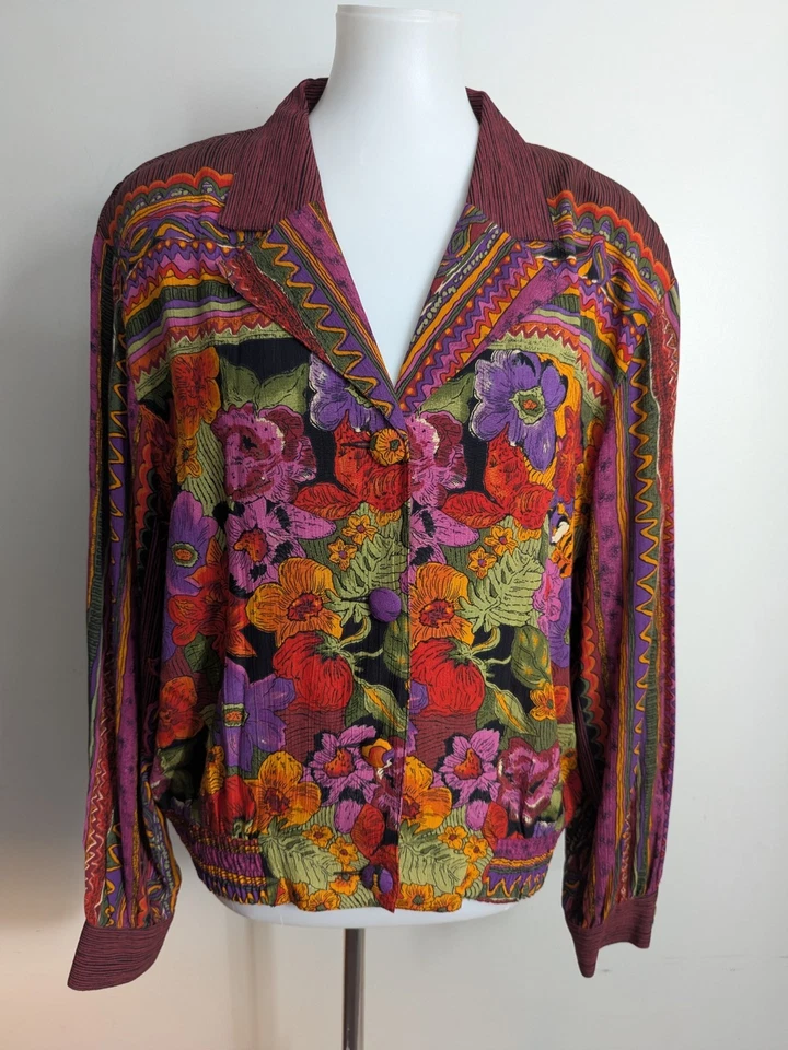 Vintage 90s Carole Little Jacket Colorful Floral Boho Art to Wear German Rayon - Image 3 of 4