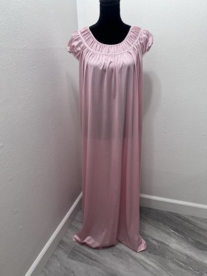 Vtg Lorraine Pink Nightgown Gathered Scoop Neckline and Short Flutter Sleeves