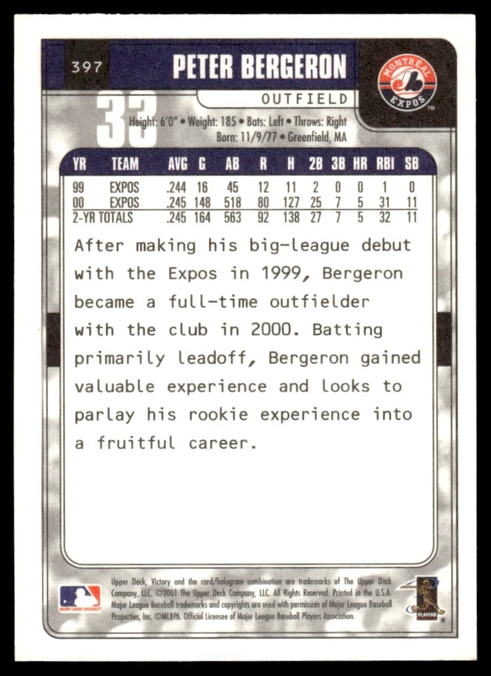 2001 Upper Deck Victory Peter Bergeron Montreal Expos #397 - Image 2 of 2