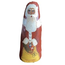 Santa Claus Painted Canvas Folk Art Collectible Figurine Wood Base VTG 11  TALL