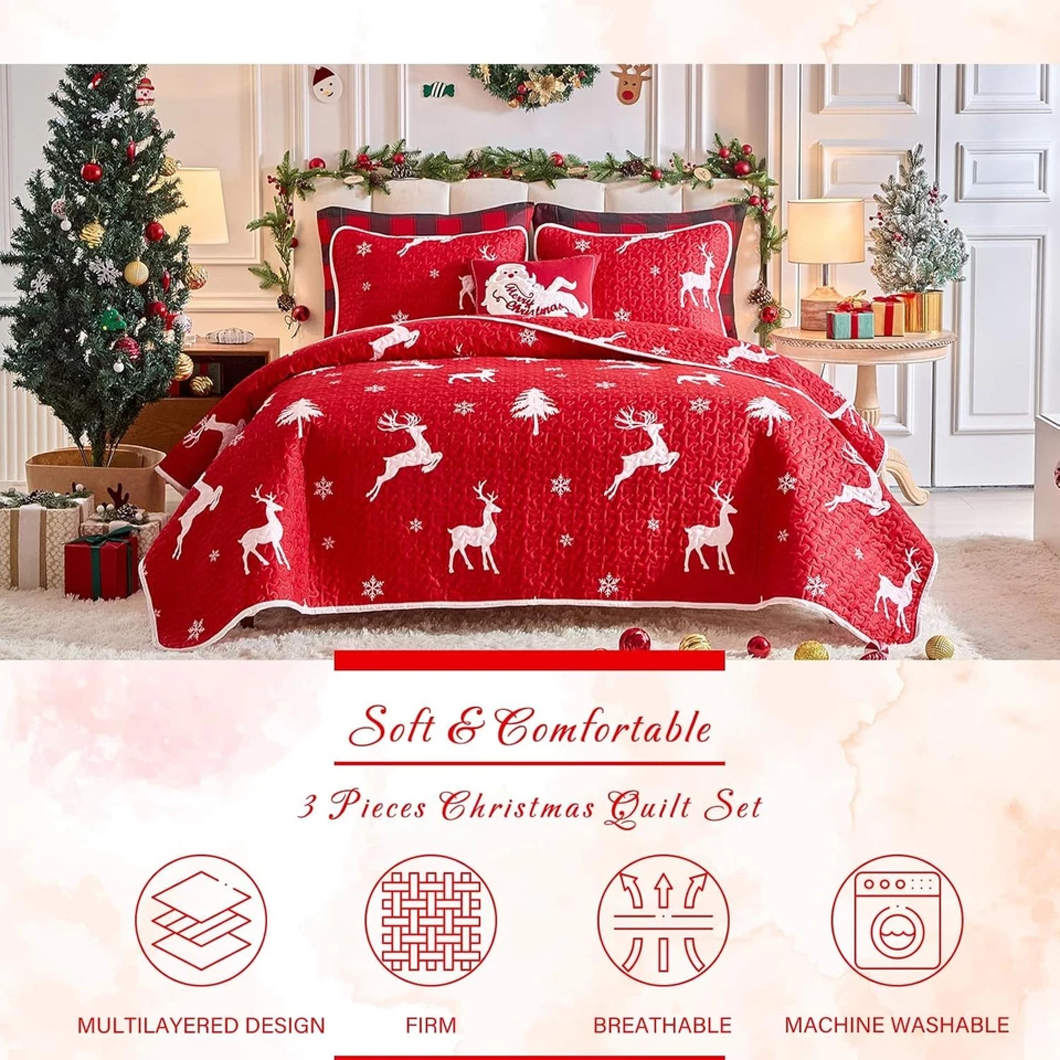 Juego de edredón Queen Navidad ciervo blanco alce copo de nieve vacaciones microfibra ropa de cama Foto 2 de 4