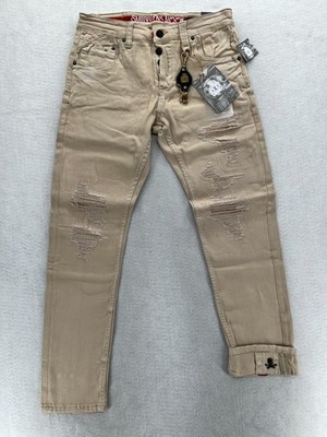 Smugglers Moon Jeans Mens 34x32 Khaki Beige Denim Button Fly Roll Up Distressed