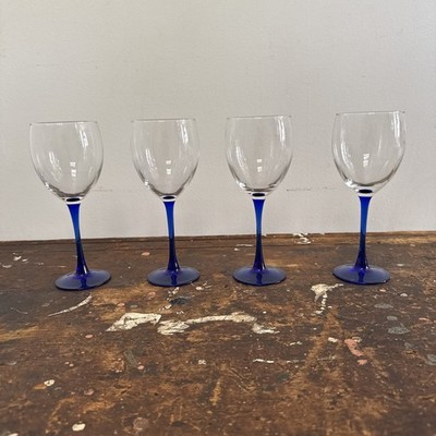 Set of 4 Luminarc Neptune Cobalt Blue Stemmed 8'' Wine Glass 1970's France