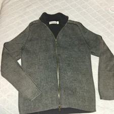 Express men's full-zip ribbed-knit sweater in a charcoal or dark gray color.