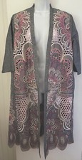 Chico's Embroidered Scalloped-Hem Kimono Jacket Small/Medium 43" Long Grey/Pink