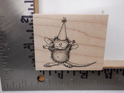 HAUSMAUS E322 PARTY MAUS MONICA GEBURTSTAG HUT HOLZ GUMMISTEMPEL EUC L5611