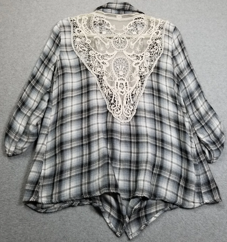 Xhilaration Top Women’s Medium M Plaid ¾ Sleeve Open Front Sheer Lace Back Drape - Image 4 of 4