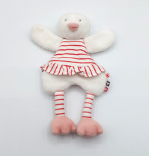 Doudou plat canard blanc grelot TAO TAPE A L’OEIL robe rayures rouge rose hochet