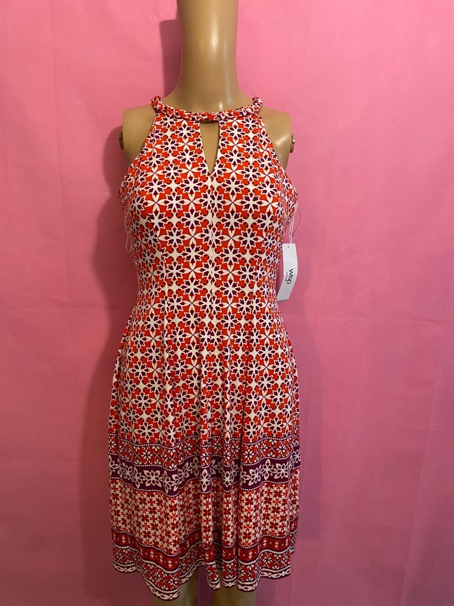 wisp cyndie jersey dress Wisp Womens Coral Polyester Geo Print Halter Keyhole Cyndie Jersey Dress  Size 4P