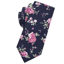 Men's Cotton Printed Floral Neck Tie Skinny Tie Navy Blue Pink Rose Floral