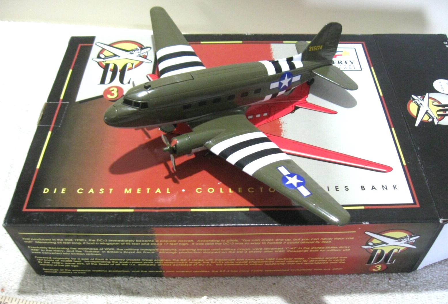LIBERTY CLASSICS DC-3 AIRPLANE ARMY GREEN MILITARY DIECAST BANK NEW IN BOX