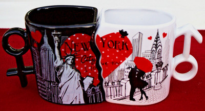 I Love New York Mug Coffee Cup Red Black White Couple in Rain His & Hers 2