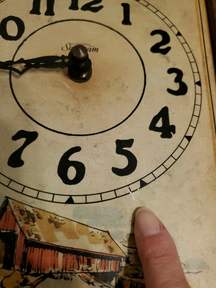 Vintage Sunbeam USA Plastic Wall Clock faux wood covered bridge picture 18" - Image 4 of 4