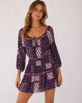 Ella Moon Philippa Cold Shoulder Boho Dress Womens Medium Patchwork Smocked NWT 