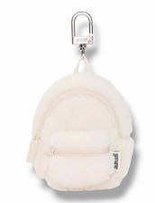 PINK White Faux Fur Mini Backpack Keychain Logo Zipper Pouch Detachable