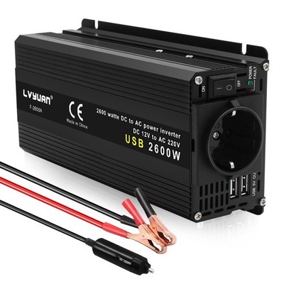 Auto Spannungswandler 1300W/2600W 12V auf 230V Wechselrichter mit 2USB Schwarz