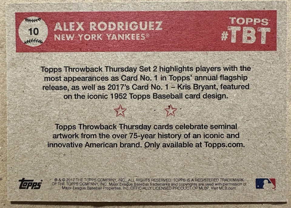 2017 Topps Alex Rodriguez Topps Throwback Thursday TBT-10 New York Yankees - Image 2 of 2