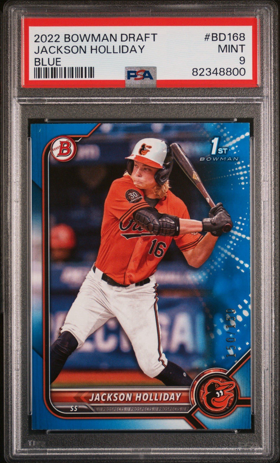 2022 Bowman Draft Blue #BD168 Jackson Holliday #150 1ST ROOKIE ORIOLES PSA 9