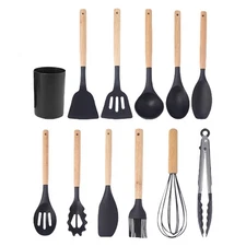 12 Piece Kitchen Cooking Utensil Set Silicone Wood Heat Resistant Kitchenware