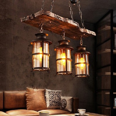 3-Light Farmhouse Loft Rustic Chandelier Wood Pendant Ceiling Light Fixture Lamp