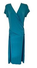 Artigiano Teal Wrap Midi Dress UK 8 Ruched Stretch Occasion Evening Italy