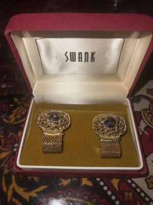 Vintage Swank Gold Tone Cufflinks w/ Iridescent Stone   Original Box (Damaged)