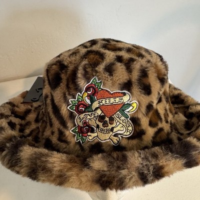 Ed Hardy 'Love Kills Slowly' Tattoo Cheetah Faux Fur Bucket Hat O/S NWT.