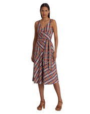Lauren Ralph Lauren Womens Multi Belted Cotton Madras Sleeveless Dress Size 14