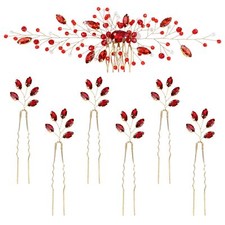 Bridal Red Crystal Hair Comb Set Rhinestone Side Combs  Hair Pins 7 Pc