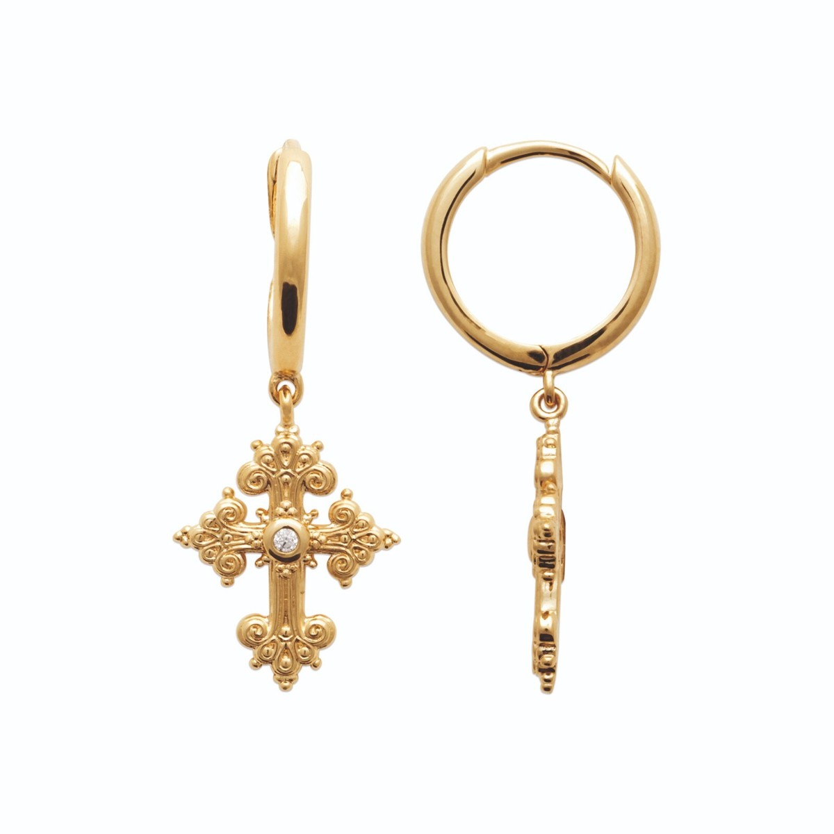 Boucles D'Oreilles Créoles Plaqué Or 18k - Croix Baroque Avec Zircon - Neuf Étiqueté