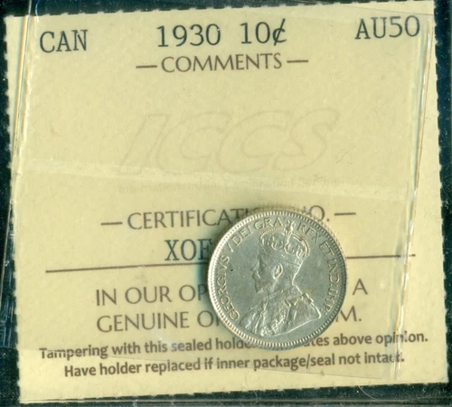 1930 Canada Ten Cent, King George V, ICCS Certified AU-50   XOE 499