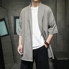 Uomo Etnico Casual Kimono Cardigan Misto Lino Lungo Accappatoio Giacca Yukata