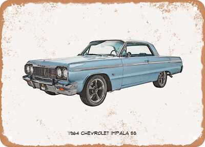 Classic Car Art - 1964 Chevrolet Impala SS Pencil Sketch - Rusty Look Metal Sign