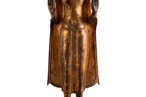 Antiker, stehender Buddha, vergoldete Bronze, Thailand, Ayutthaya -Per., 17. Jh. - Bild 5 von 13