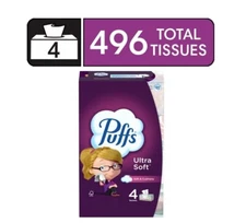 Puffs Ultra Soft Facial Tissues, 4 Family Size Boxes, 124 Tissues per Box, White