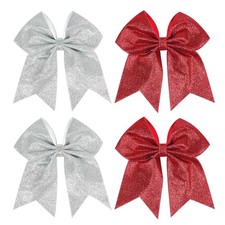 Sequin Cheer Bow Clips 4 PCS 7 Inch Glitter Hair Alligator Red Silver