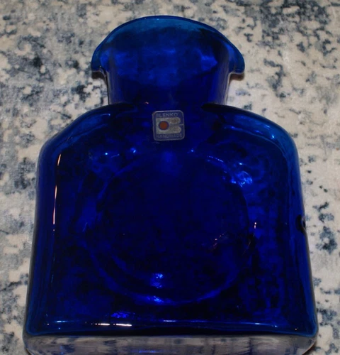 Vintage Blenko Cobalt Blue Art Glass Double Spout Pitcher Jug Carafe Vase 8"