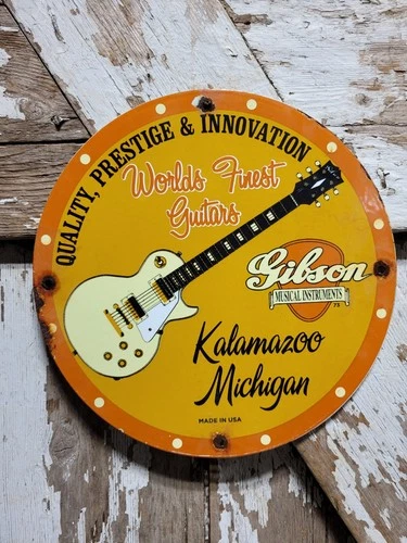 VINTAGE GIBSON GUITAR PORCELAIN SIGN OLD 1973 MICHIGAN MUSICAL INSTRUMENT MUSIC