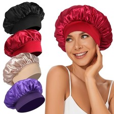 4Pcs Satin Bonnet Silk Bonnet, Hair Bonnet for Sleeping Elastic Wide Band Silk
