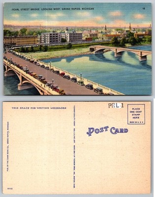 Pearl Street Bridge Grand Rapids MI Linen Postcard Tichnor Quality Views